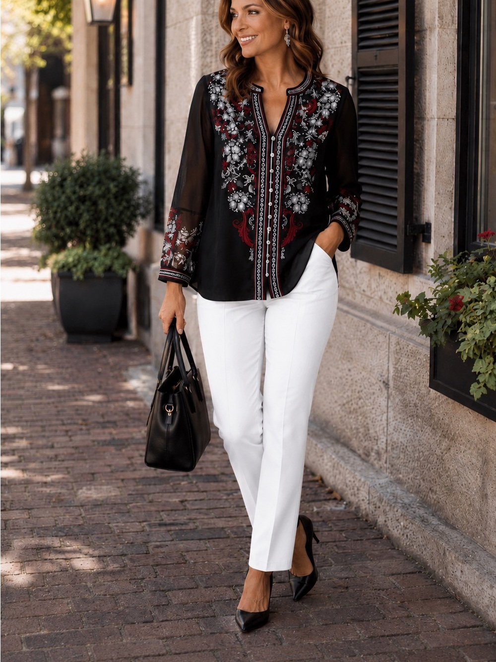 Chico’s NWT Embellished Floral Sheer Blouse | Size 1 (Medium)